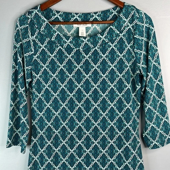 WHITE HOUSE BLACK MARKET Retro Print Dress Green Round Neck 3/4 Sleeve Size S - Picture 3 of 11